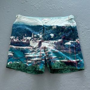 Orlebar Brown Teal Blue Harbor Print Swim Trunks